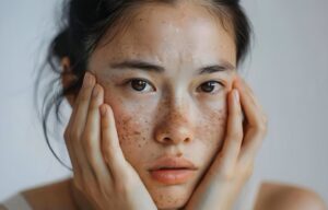 asian woman with worried expression touching her face with dark spots possibly melasma freckles concept skin concerns melasma freckles worry asian woman 864588 57902